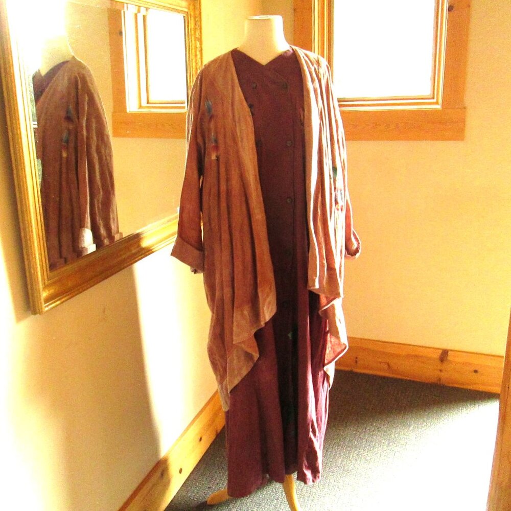 Steel Pony Long Purple Button-Down Dress with Brown Steel Pony Jacket